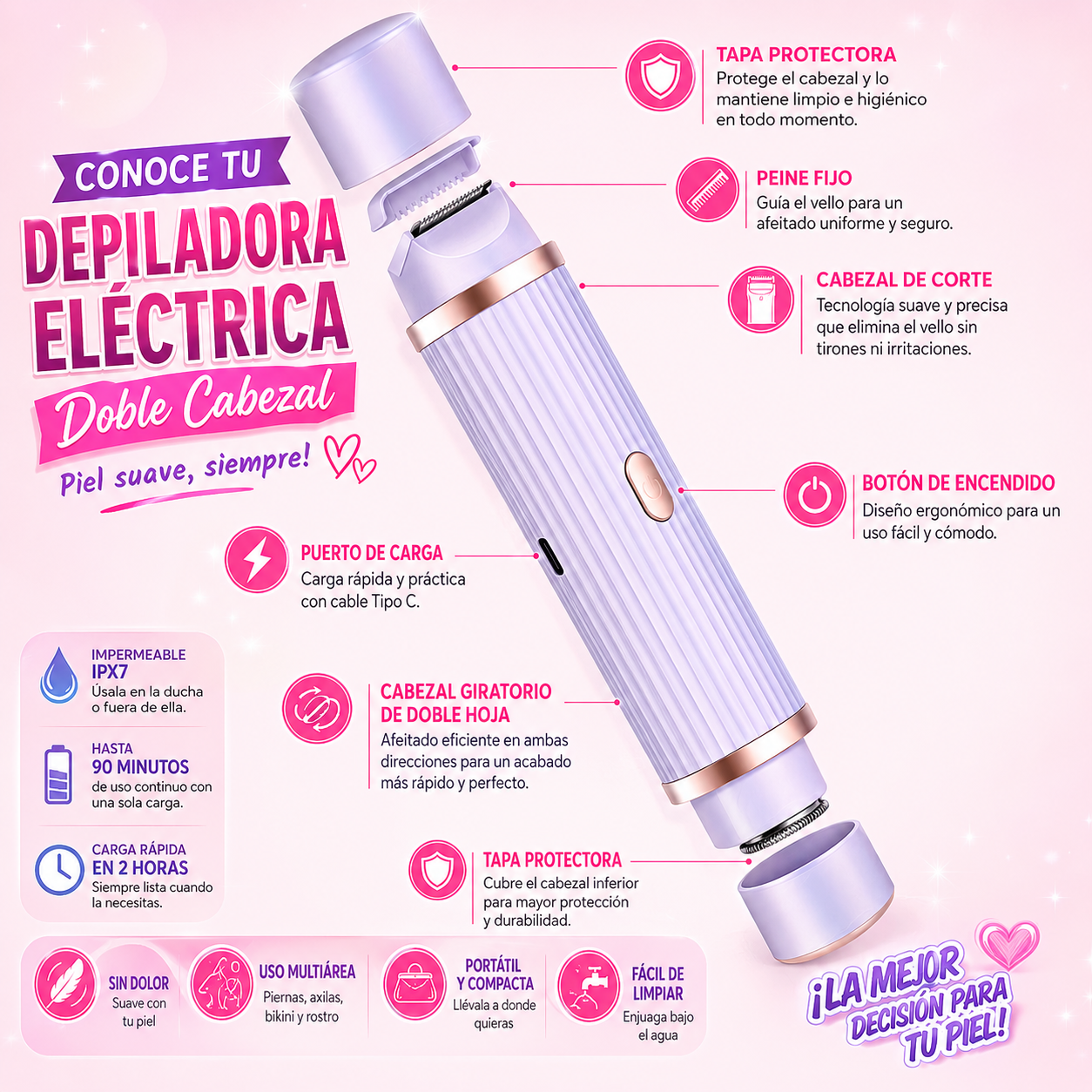UNICA: Rasuradora Eléctrica doble punta ORIGINAL: Depílate en casa sin dolor en minutos ✨