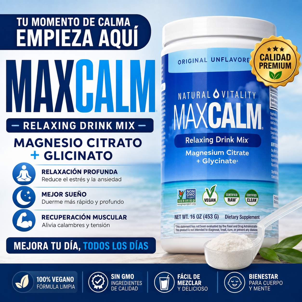 MAXCALM® Relaxing Drink Mix | Magnesio Citrato + Glicinato para Relajación y Descanso